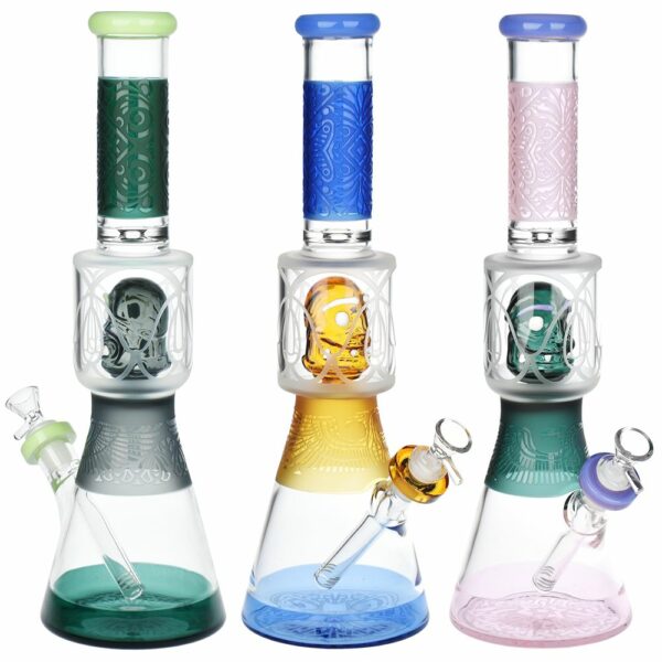 Shop Nekhbet And Friend Etched Beaker Glass Water Pipe - 15" / 14mm F / Colors Vary in australian