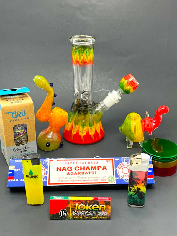 Shop "One Love" Rasta Beaker Bong Combo Set in australian