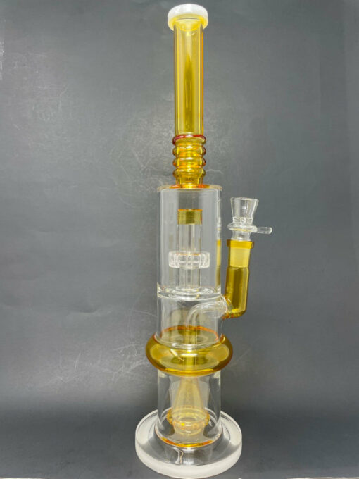 Shop 16"Yellow & White Flat Base Double Percolator Bong in australian