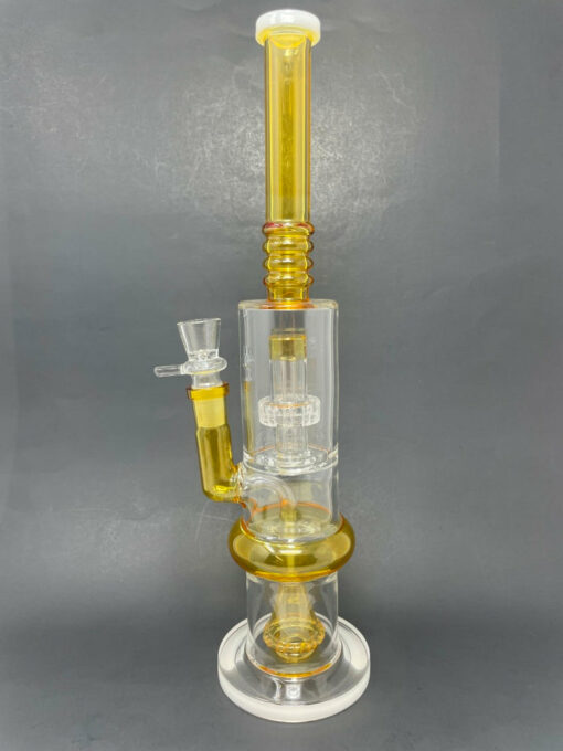 Shop 16"Yellow & White Flat Base Double Percolator Bong in australian