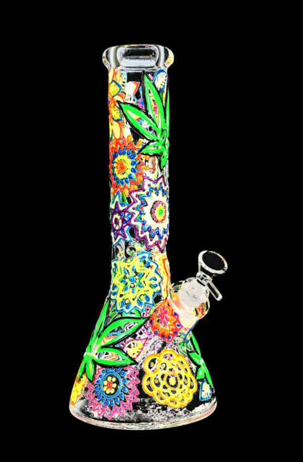Shop Mandala Hemp Leaf Glow In The Dark Beaker Water Pipe in australian
