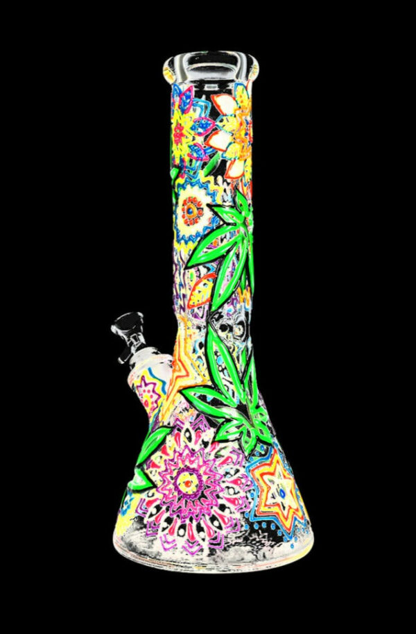 Shop Mandala Hemp Leaf Glow In The Dark Beaker Water Pipe in australian